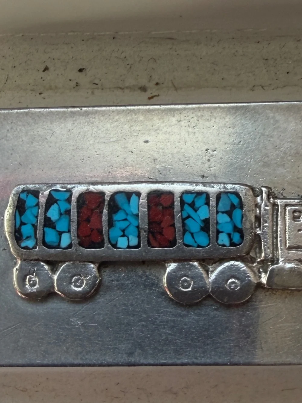 Vintage 70s Native American Style Turquoise Coral Chip Inlay Money Clip Southwes
